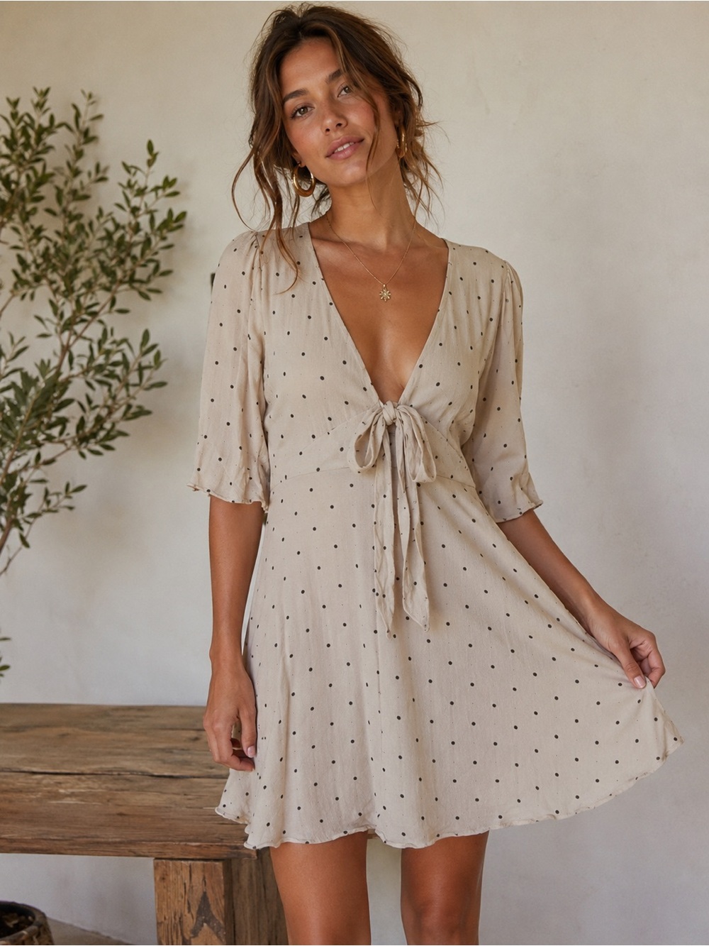Free People Cream and Green Polka Dot All Yours Tie Waist Mini Dress size 4